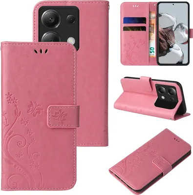 Produktbild von Handyhülle für Xiaomi Redmi Note 13 Pro 5G Floral Blumen Schmetterling Flip Cover Hülle Case Klapphülle Handytasche Farbe: Rosegold