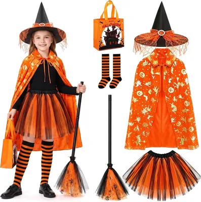Obrázok produktu pre Kostým čarodejnice pre dievčatá, šaty s klobúkom, univerzálna veľkosť, vhodné na Halloween