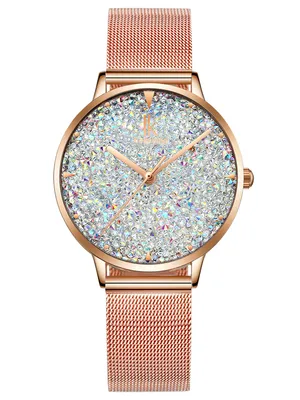 Produktbild von Alienwork Damen-Armbanduhr Quarz rose-gold mit Metall Mesh Armband Edelstahl weiss Strass-Steinen Glitzer elegant