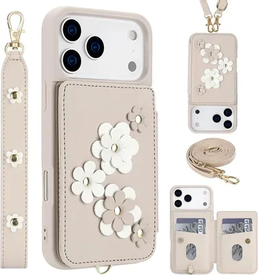 Productafbeelding van Crossbody hoes van kunstleer voor de Apple iPhone 17 Pro, met bloemenprint en kaarthouder, wit