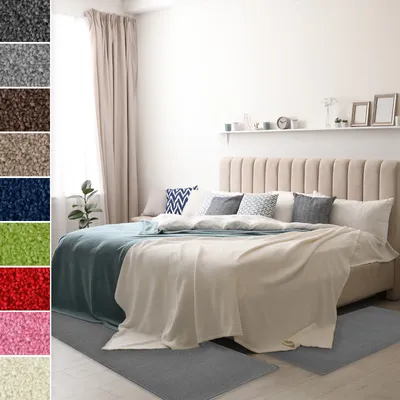 A bedroom scene with a bed, pillows, and rugs, alongside a collage of different rug color samples.