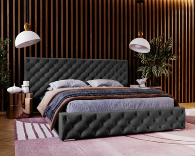 Obrázek produktu pro Manželská postel 160x200 Bella – čalouněná postel Chesterfield, úložný prostor, rošt – postel Glamour, černá