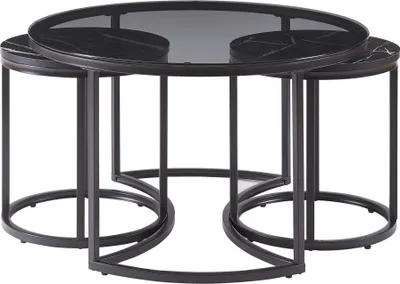 Produktbild von Couchtisch 3er Set 'Kokkola' Metallgestell rund Rauchglas / Marmoroptik, schwarz