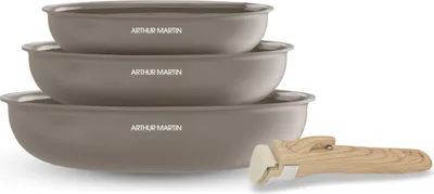 Image de Set de 3 Poêles Arthur Martin AM4587, Tous Feux Dont Induction, Céramique, Ø 20-24-28 cm, Poignée Amovible, Taupe