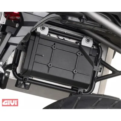 A black toolbox mounted on a motorcycle.