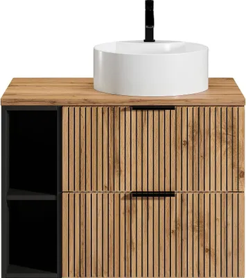 Produktbild von Waschbeckenunterschrank hängend mit Ablagen & Aufsatzwaschbecken rund - Streifenoptik - Holzfarben hell - 80 cm - MADELA