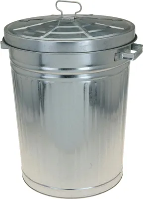 A silver galvanized metal trash can with a lid and handles, shown against a white background.