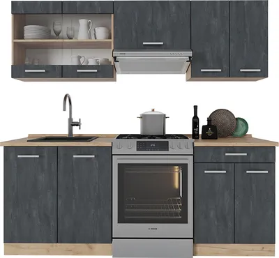 Produktbild von Küchenzeile Vicco R-Line Schwarz Beton/Goldkraft Eiche 200 cm AP Eiche, Model 47376