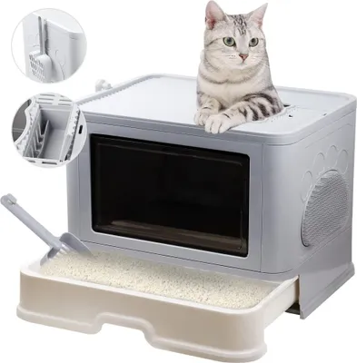 Produktbild von Faltbar Katzentoilette mit ausziehbarer Schale Katzenklo mit Schaufel Tragbar 48.5*36.5*38cm Grau