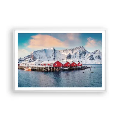 Produktbild von Gerahmtes Poster - Weißer Rahmen - Lofoten Dorf Angeln - 91,5x61 cm - Wand Bild - Wanddeko - Wandbilder - Kunstposter - Wandposter - Bilderrahmen - Bilder - Kunstdruck Wanddekoration - P2WAA91x61-4762