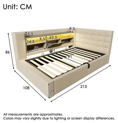 Immagine prodotto di Letto imbottito 90 x 200 cm singolo con LED, vano contenitore idraulico, testiera a L, USB, Type-C, lino, beige