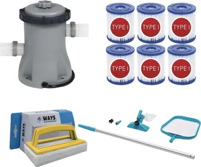 Produktbild von WAYS - Poolpflege - Wartungsset & Filterpumpe 1249 L/h & 6 Filter Typ I & WAYS Scheuerbürste