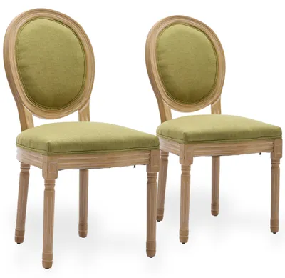 Productafbeelding van Set van 2 linnen eetkamerstoelen met een ovale rugleuning en een frame van antiek rubberhout, in de kleur olijfgroen