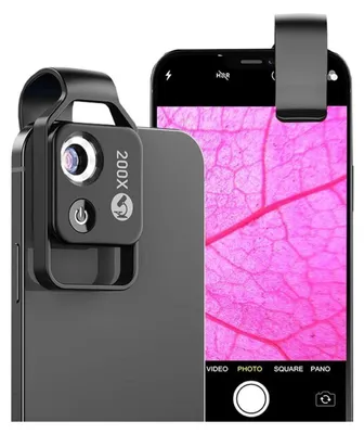 A smartphone with a clip-on microscope attachment is shown, displaying a magnified image of a leaf vein on its screen.