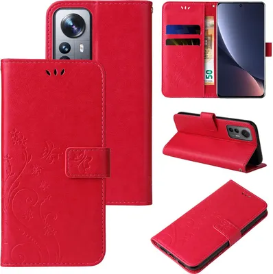 Produktbild von Handyhülle für Xiaomi 12 Pro Floral Blumen Schmetterling Flip Cover Hülle Case Klapphülle Handytasche Farbe: Rot