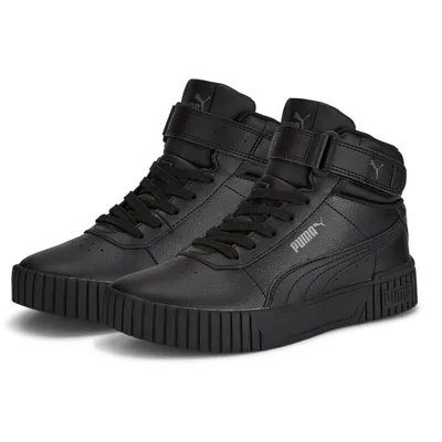 A pair of black Puma Carina 2.0 Mid Jr Damen boots are shown against a white background.