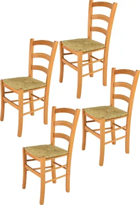 A set of four wooden chairs with woven seats, arranged on a white background.