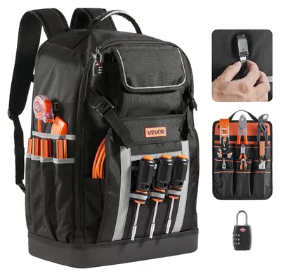 Produktbild von VEVOR Werkzeug-Rucksack, 56 Taschen, strapazierfähiger Werkzeugaufbewahrungsorganizer mit Laptopfach & geformtem Boden, Elektriker-Rucksack für Elektriker, Reparaturtechniker und HVAC-Techniker, 14-16 Zoll
