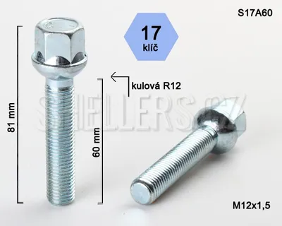 Obrázok produktu pre Skrutka kolesa M12x1,5x60 guľová skrutka R12, kľúč 17, S17A60R12 výška 81