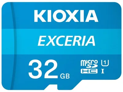 A close-up shot of a Kioxia EXCERIA 32 GB microSD card.