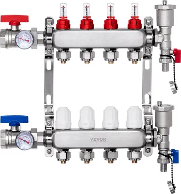 Produktbild von VEVOR 4-Zweig-Wärmeverteilungsverteiler, 1/2-Zoll-PEX-Rohrverteiler, Edelstahl-PEX-Verteiler für hydronische Fußbodenheizung, Wärmeverteilungs-PEX-Verteilersatz  im Lieferumfang enthalten
