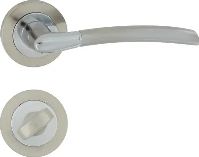 A door handle set and a separate toilet lock mechanism are shown against a white background.