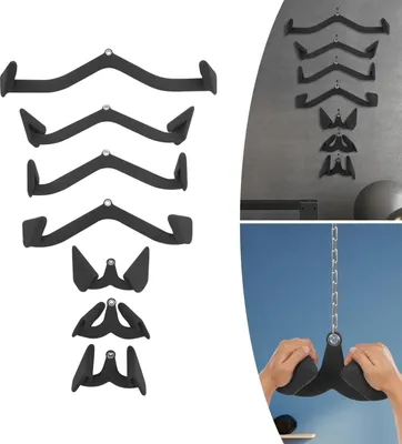 Zdjęcie produktu dla Zestaw uchwytów do ćwiczeń Lat Pulldown – nasadki do wyciągu linowego – 7 elementów – 300 kg na uchwyt – żelazo i PVC – antypoślizgowe – czarny