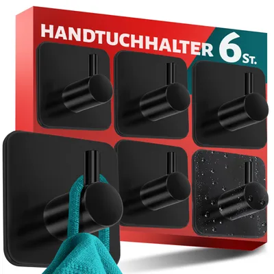 Produktbild von Handtuchhalter ohne Bohren Edelstahl, 6er Set - Schwarze Badezimmer Handtuchhalter, wasserfeste Klebehaken fürs Bad, Haken selbstklebend als funktionale Handtuchhaken, stabil und rostfrei
