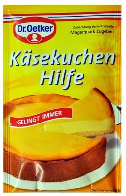 A package of Dr. Oetker Käsekuchen Hilfe (Cheesecake Helper) with an image of a cheesecake.