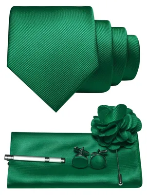 Produktbild von Herren Krawatten-Set Twill einfarbig Grün mit Pocket Square Manschettenknöpfen Krawattenklemme Brosche Geschenkset