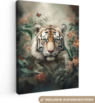 Obrázok produktu pre MuchoWow® - Obraz na plátne - Tiger - Motýle - Zvieratá - Džungľa - Kvety, nástenná maľba, nástenné dekorácie obrazy obývacia izba, 60x80cm