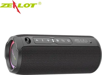 A black portable Bluetooth speaker with colorful LED lighting on the side and control buttons on top.