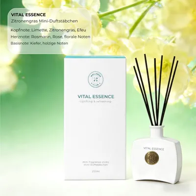 Productafbeelding van Wellness Club VITAL ESSENCE: Geurverspreider met citroengras wierookstokjes – 200ml – Natuurlijke etherische oliën – 8 rietstengels – Geschikt voor woonkamer, kantoor, badkamer