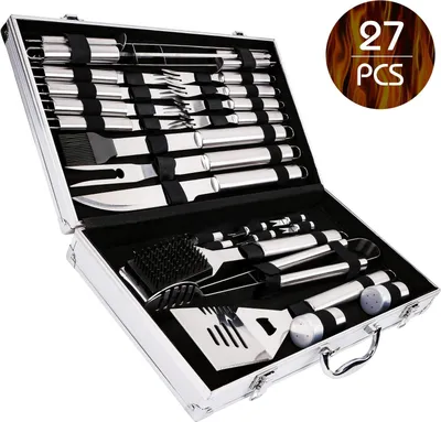 Immagine prodotto di set da 27 pezzi per grigliate in acciaio inox pinze accessori per grigliate posate coltello da bistecca forchetta incl. custodia in alluminio per riporlo