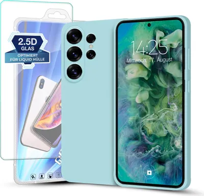 Produktbild von Hülle für Samsung Galaxy S25 Ultra mit 9H Displayglas Displayschutz Plus Case Cover Bumper Silikon Softgrip Schutzhülle Farbe: Hellblau