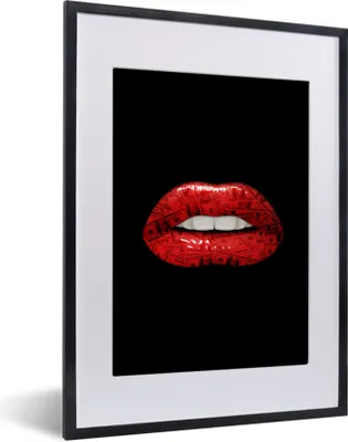 Produktbild von MuchoWow® MuchoWow® Gerahmtes Poster Lippen - Geld - Rot 30x40 cm - Poster mit zchwarzem Bilderrahmen - Wandposter Schlafzimmer