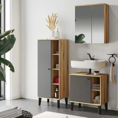 Produktbild von Badmöbel-Set 3-teilig mit Waschbeckenunterschrank 60 cm, Spiegelschrank, in Eiche mit grau OLEAN-61