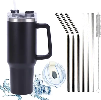 Produktbild von 1200 ML Isolierbecher Edelstahl mit Griff 40 OZ Doppelwandiger Kühlbecher Reisebecher Autobecher mit Strohhalm und Auslaufsicher Becherdeckel, schwarz, 9 Stück, 40 OZ