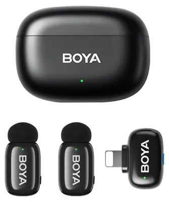Zdjęcie produktu dla Bezprzewodowy system mikrofonowy BOYA Mini 2.4G Mikrofon telefoniczny Mikrofon klapowy Mikrofon zmieniający głos AI Tłumienie szumów Zasięg transmisji 100M/328FT z etui ładującym Zamiennik dla iPhone 14/13/12/11
