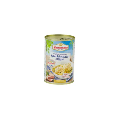Produktbild von Speckknödel-Suppe – Suppe mit 2 Speckknödeln aus Bayern 400ml Dose,von ZIMMERMANN Fleischwerke, passend für Brotzeit und Bier