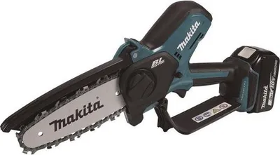 A cordless chainsaw with a battery pack attached, shown against a white background.