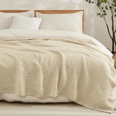 Image de Couverture, en mousseline de coton, taille queen, couleur beige clair, dimensions : 203 cm x 228,5 cm