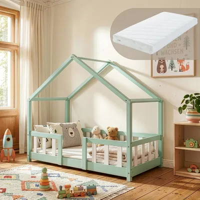 Produktbild von Kinderbett 'Treviolo' mit Matratze und Rausfallschutz 70x140cm Mintgrün / Weiß