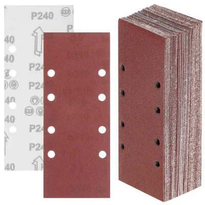 Imagen del producto de Juego de papel de lija, 50 unidades, 93x230 mm, con 8 agujeros, granos 40/60/80/120/240, para lijadoras orbitales