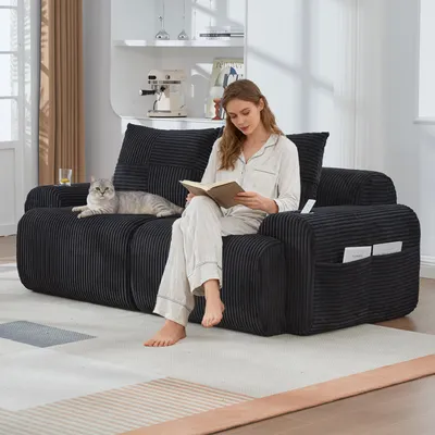 Image de OKWISH Canapé Droit - Canapé 2 Places avec Rangement Latéral et Porte-Gobelet Intégré, en Velours Côtelé - 200x99x80 cm Noir