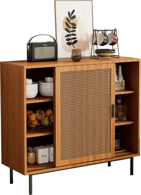 Produktbild von Kuechenschrank  B100/H90/T37 cm Walnuss Spanplatte Kommode 2 Schiebetueren Beistellschrank Wohnzimmermoebel Sideboard Kuechenschrank Kommode
