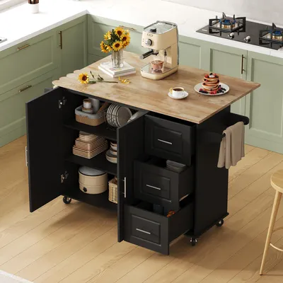 Immagine prodotto di Tavolo da cucina mobile grande, dimensioni 137x43(76)x92 cm, in legno di quercia, pieghevole, multifunzionale, con 3 cassetti e portasciugamani.