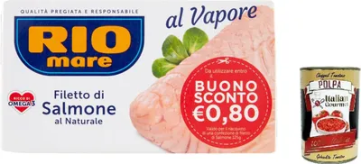 Produktbild von 12x Rio mare Natürliches Lachsfilet, gedämpft, reich an Omega 3, 125 g + Italian Gourmet polpa 400g
