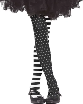 Produktbild von Clown Grusel Strumpfhosen Schwarz Weiß Streifen Totenkopf Herbst Halloween Cool Gothic Look, Größe: 3 - 6 Jahre Farbe: Schwarz / Weiß