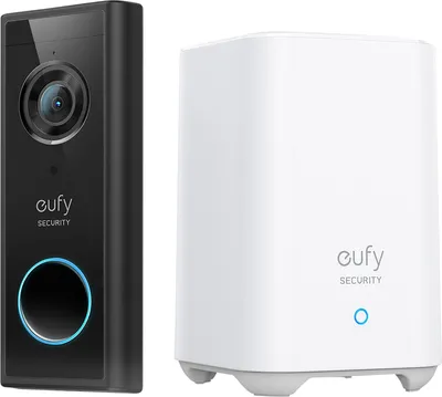 A black video doorbell and a white home base unit are shown side-by-side against a white background.